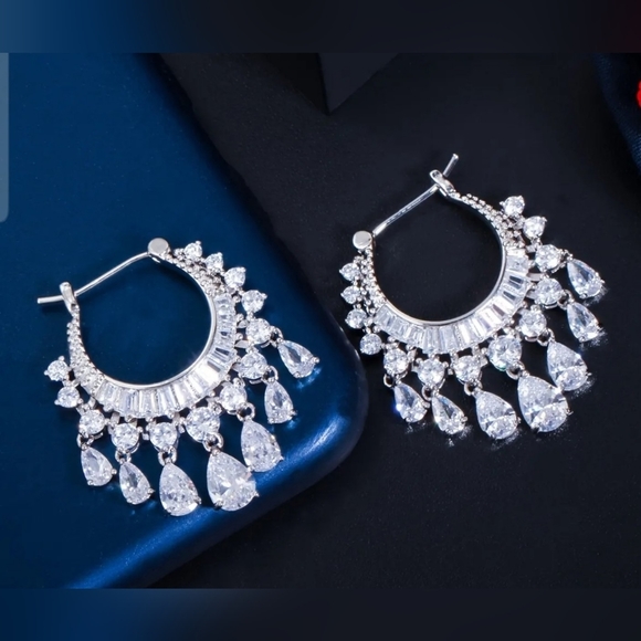 Cubic Zirconia Round Baguette Teardrop Dangle Earrings - Picture 1 of 5